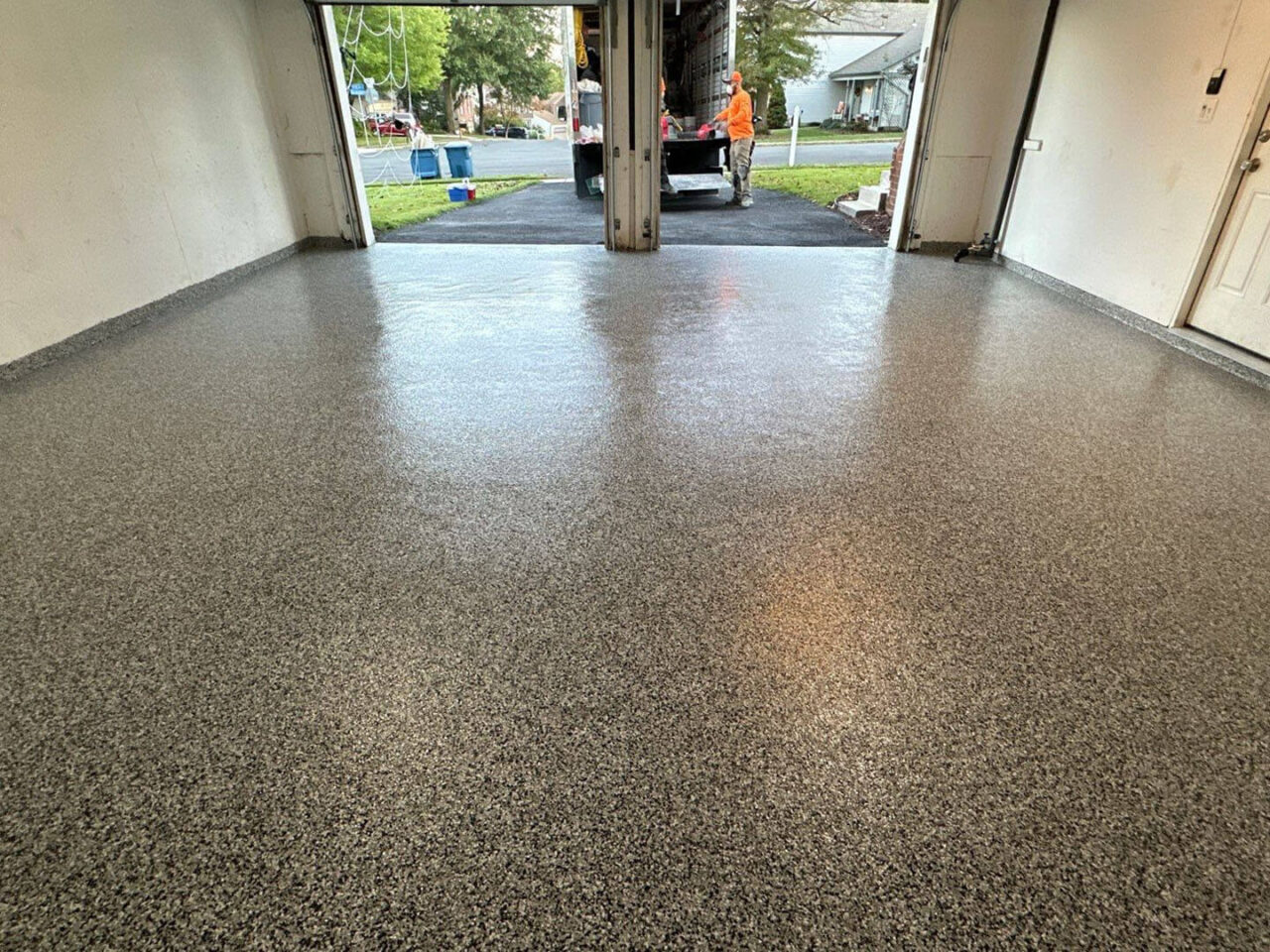 domino flake garage floor epoxy in west Springfield home inner garage