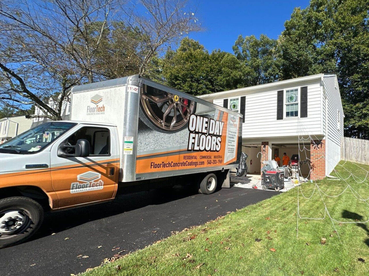 floortech concrete coating one day floor truck outside of west Springfield home