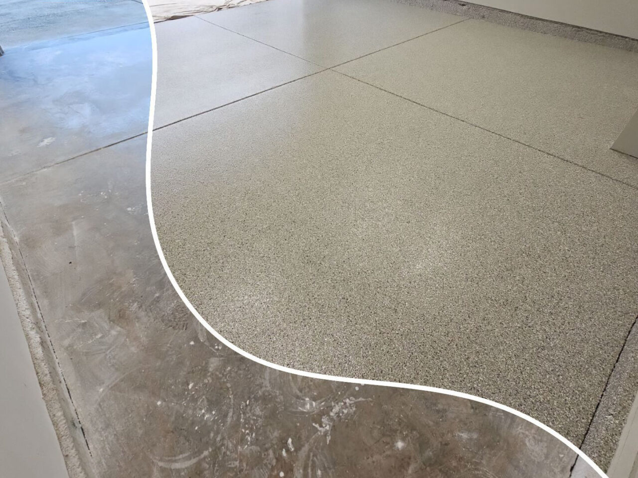 Before-and-after image showing bare concrete versus finished Mount Everest flake garage floor.