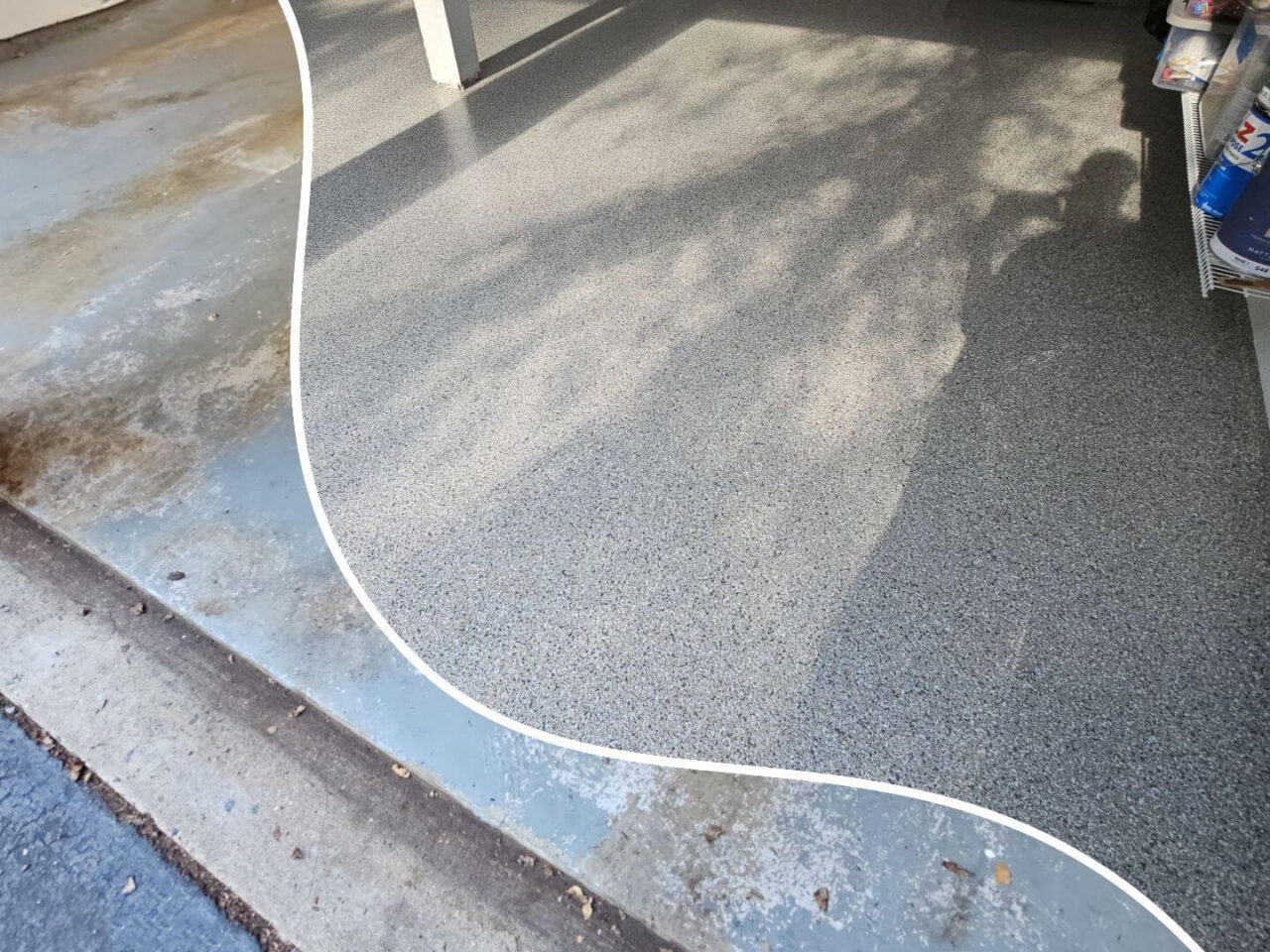 Before and after view of a Reston garage floor showing the worn painted surface replaced by a new Mount Everest flake coating.