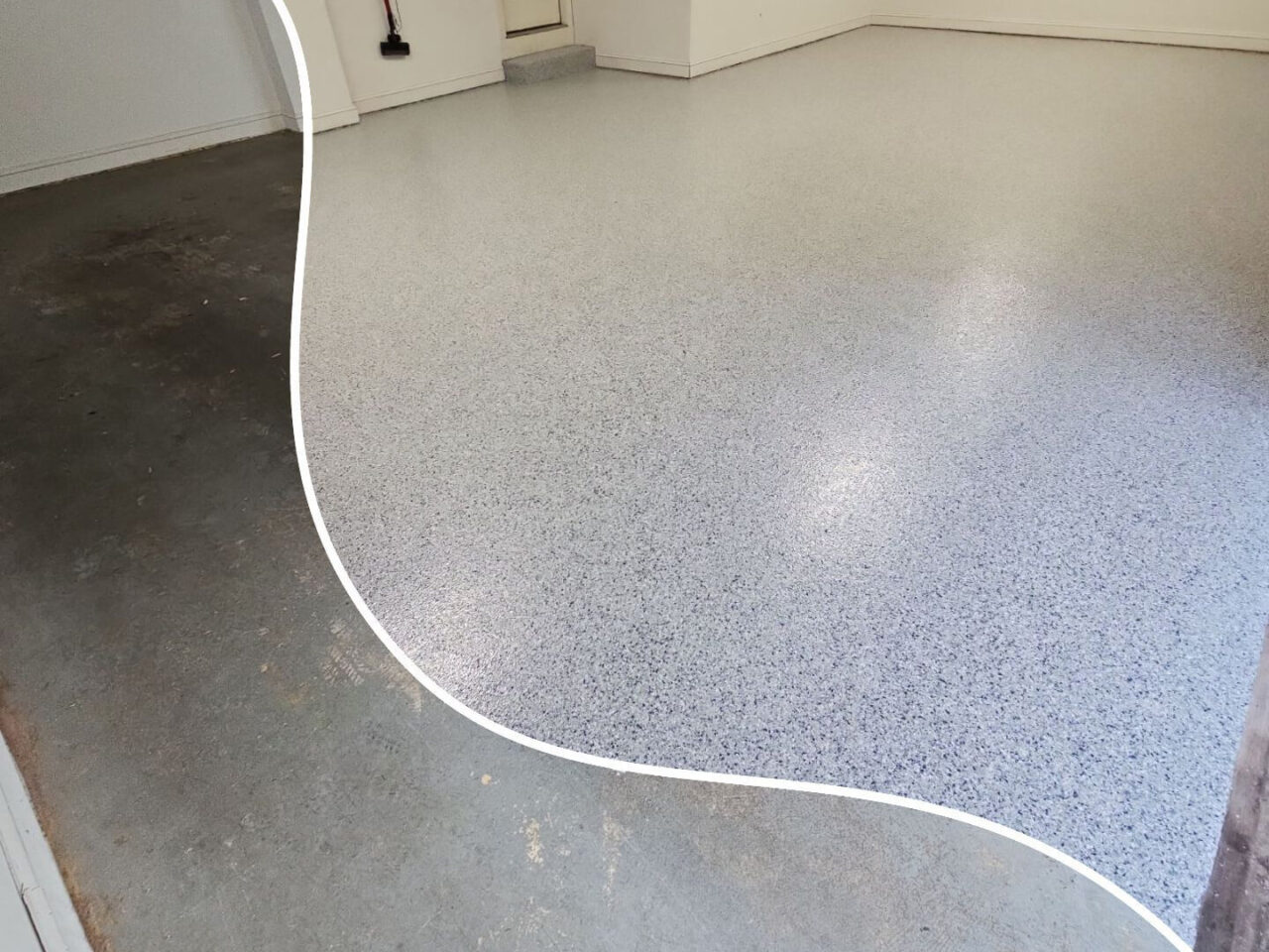 Before and after view of garage floor with fresh gray coating