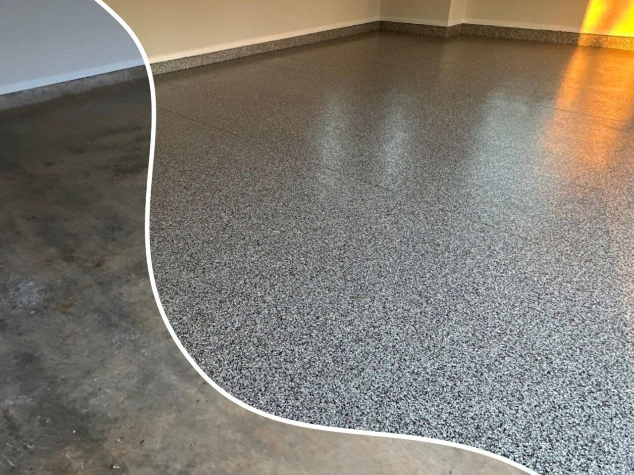 Before-and-after image comparing raw concrete to finished Domino flake floor.