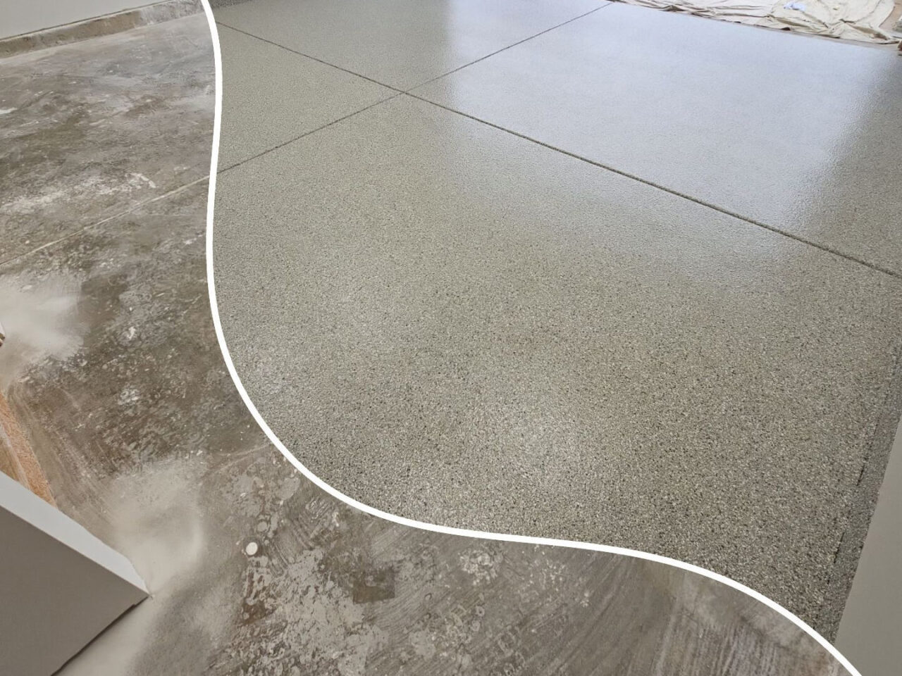 Side-by-side comparison of uncoated garage floor and final polyurea flake finish.